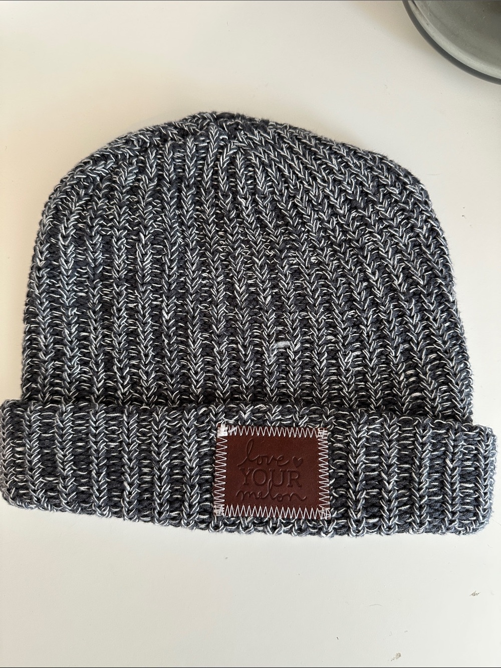 Love Your Melon Black and Gray Ribbed Knit Beanie with Leather Patch